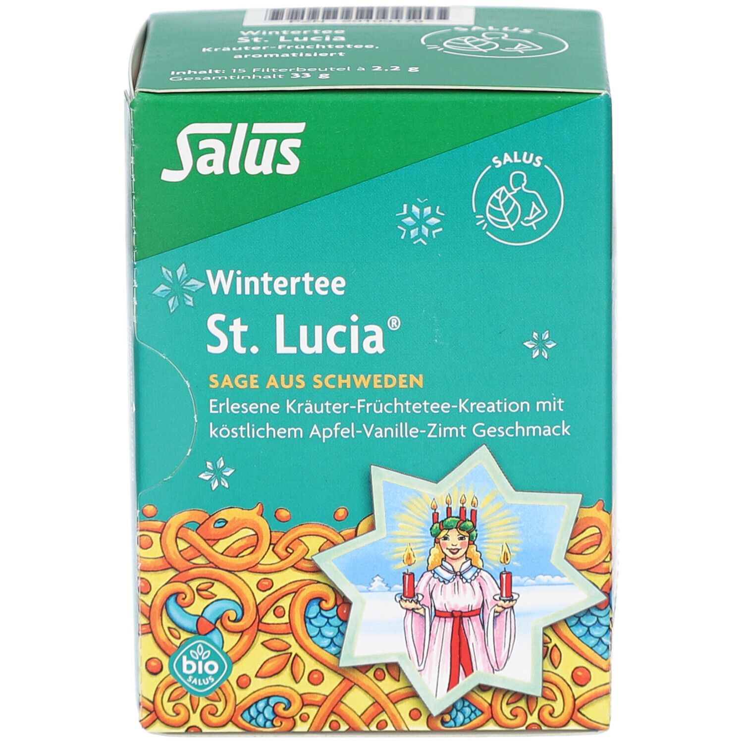 Grüne Kartonverpackung mit "Wintertee St. Lucia". Bio-Siegel. Salus Logo. Schneeflocken-Design.