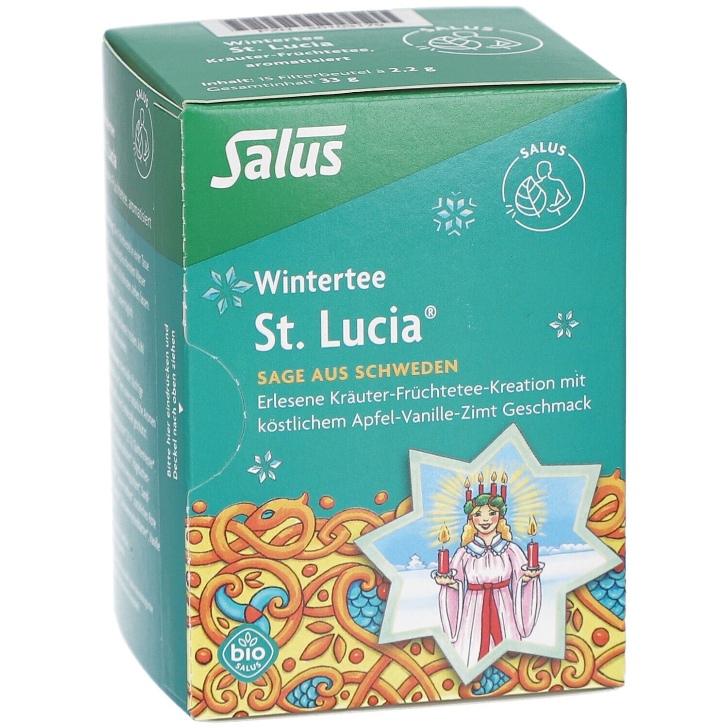 Grüne Kartonverpackung mit "Wintertee St. Lucia". Salus Logo. Schneeflocken-Design. Bio-Siegel.