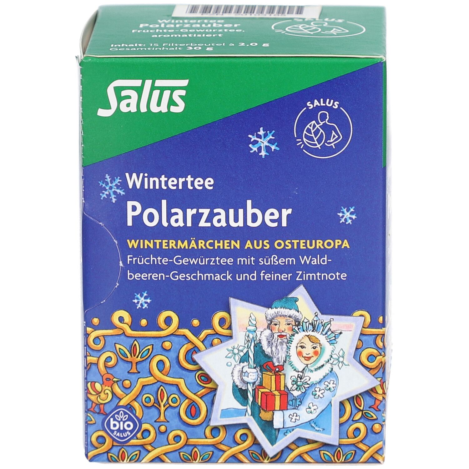 Salus Wintertee Polarzauber. Verpackung mit Text und Illustrationen. Grüne und blaue Farben. Bio-Siegel.
