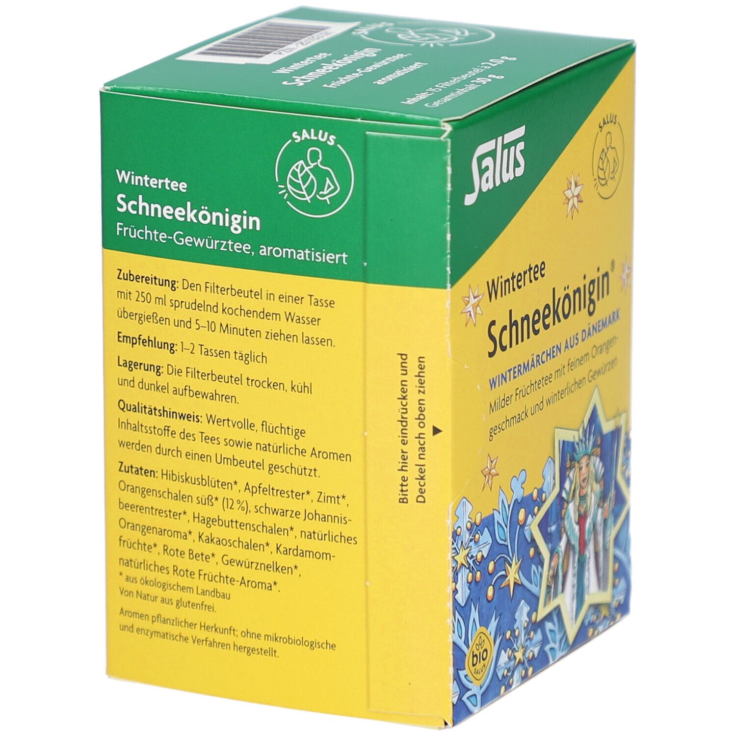 Boîte de thé avec texte. Liste des ingrédients, instructions de préparation. Label bio. Dos avec texte et logo.