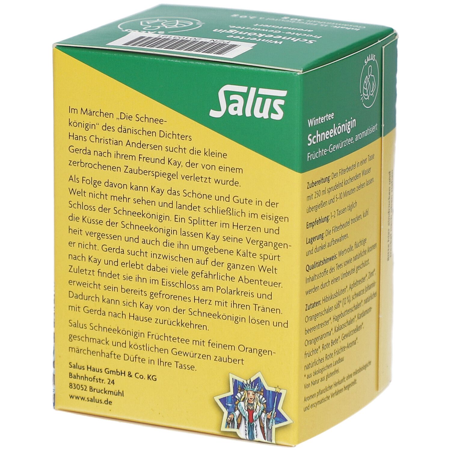 Boîte de thé jaune et verte. Texte sur le conte La Reine des Neiges. Logo Salus. Label bio.