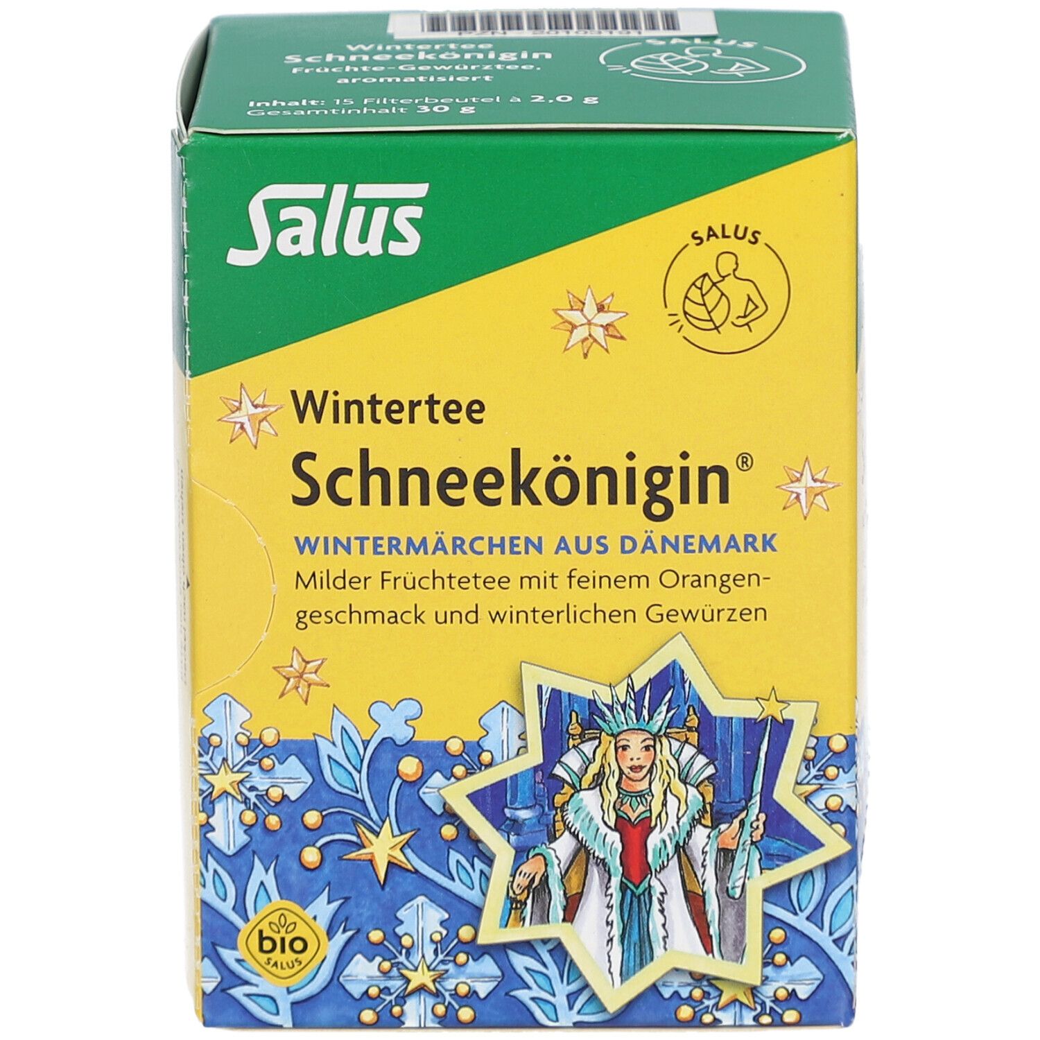 Boîte de thé, verte et jaune. Inscription : Wintertee Schneekönigin. Label bio. 15 sachets filtre de 2,0g.