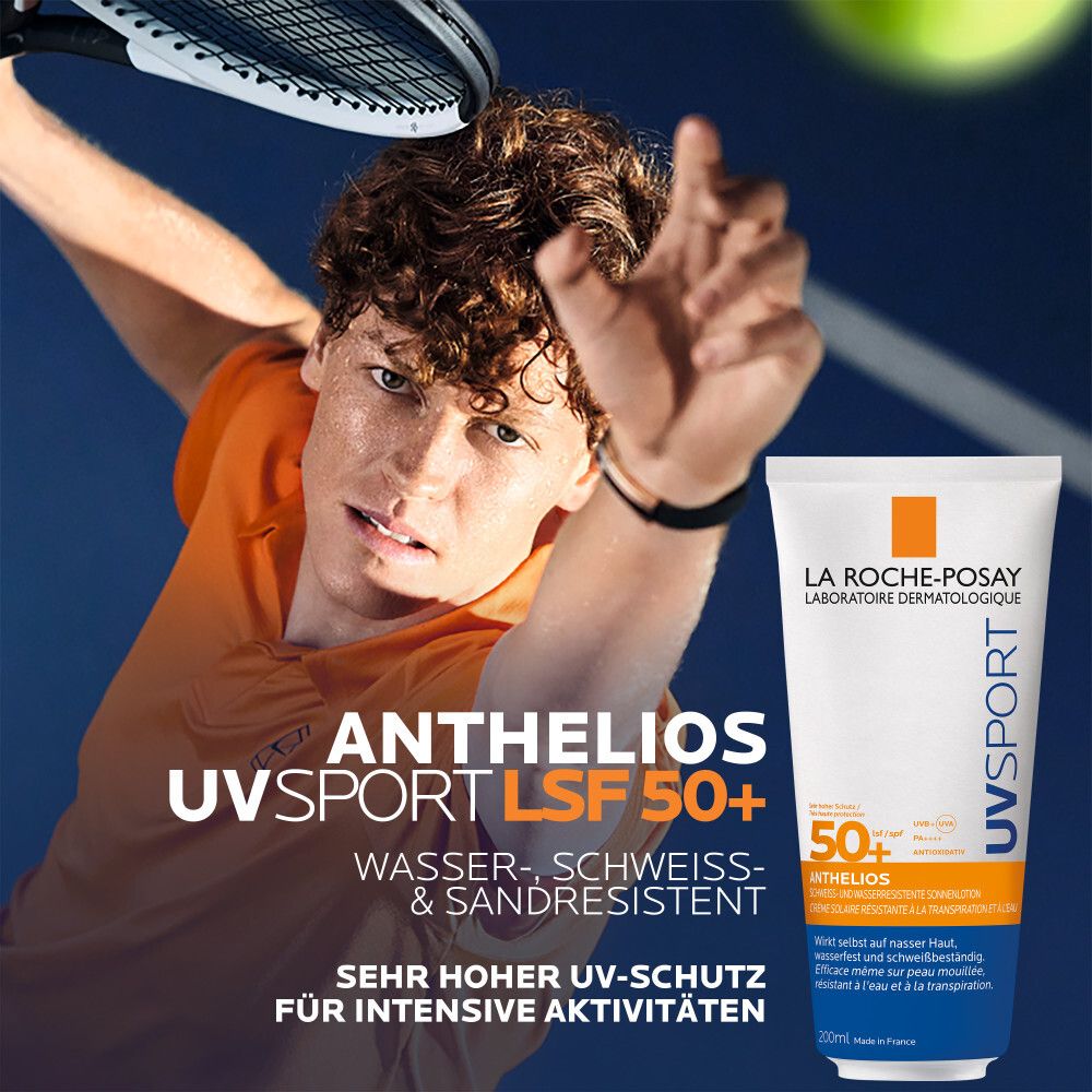 La Roche-Posay Anthelios UVsport LSF 50+ Gel. Haute protection UV pour activités intenses. Résistant à l'eau, la sueur et le sable.