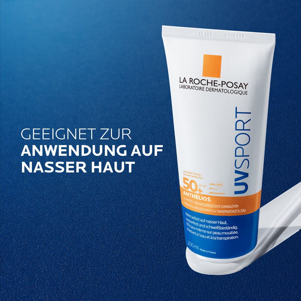 La Roche-Posay Anthelios UVsport Gel. Convient pour application sur peau mouillée. Technologie Wet-Skin.