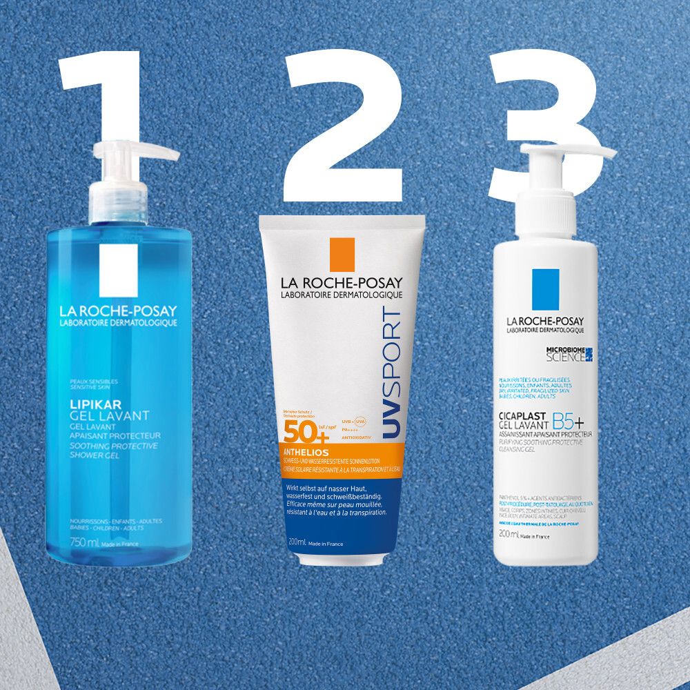 Produits La Roche-Posay: Lipikar Gel Lavant (750ml), Anthelios UVsport (200ml), Cicaplast Gel Lavant B5+.