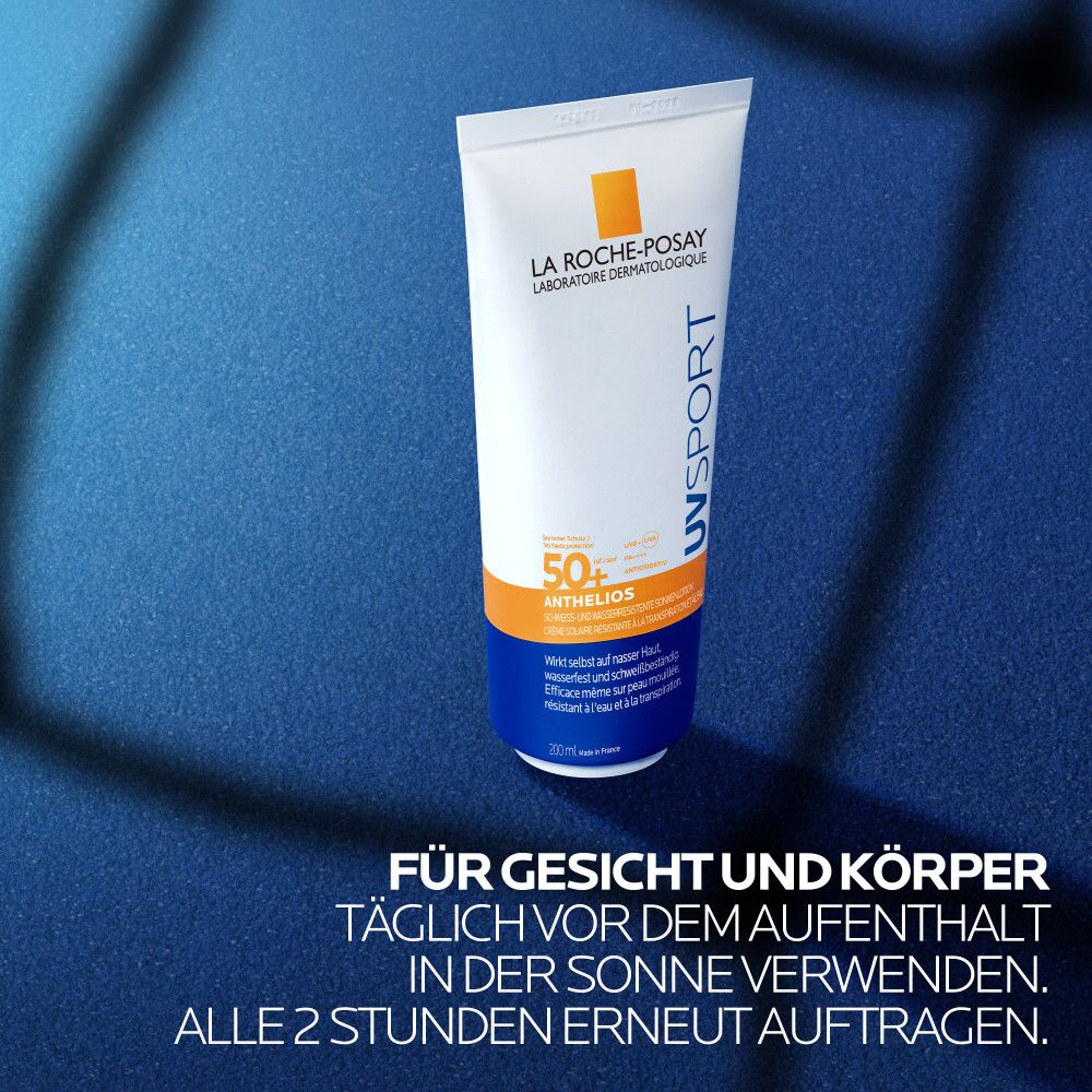 La Roche-Posay Anthelios UVsport LSF 50+. Pour visage et corps. Utiliser quotidiennement avant exposition au soleil. Renouveler toutes les 2h.