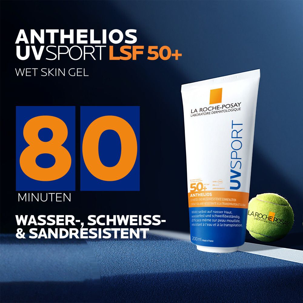 La Roche-Posay Anthelios UVsport LSF 50+. 80 minutes résistant à l'eau, la sueur et le sable.