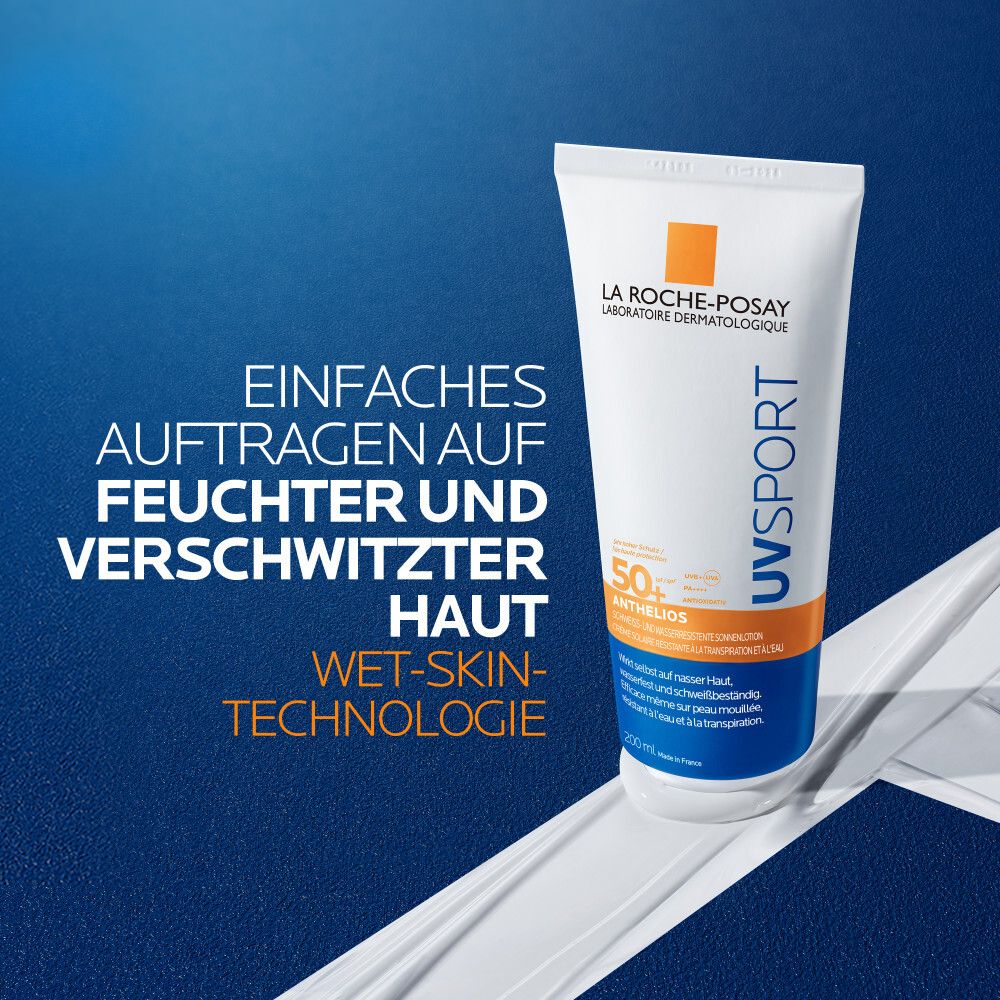 La Roche-Posay Anthelios UVsport Gel. Application facile sur peau humide. Technologie Wet-Skin.