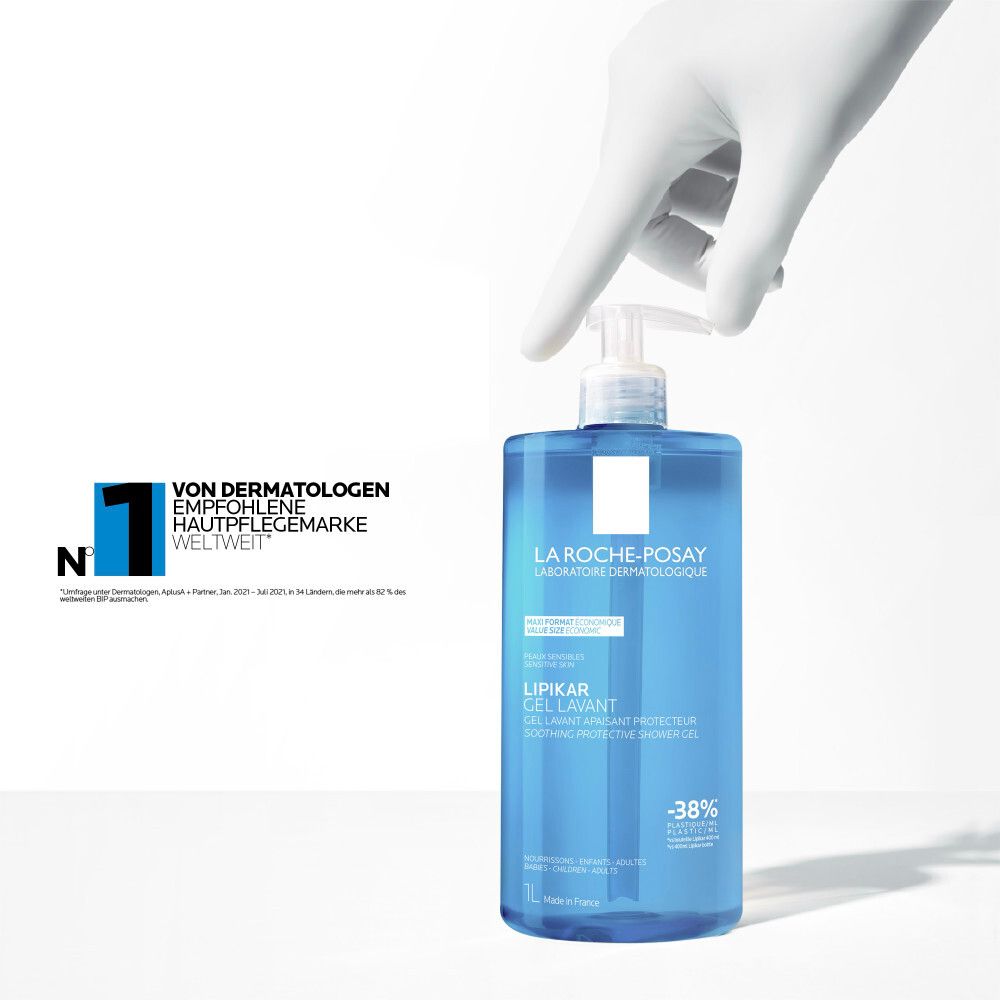 La Roche-Posay Lipikar Gel Lavant Flasche. Auszeichnung: Nr. 1 Hautpflege weltweit, von Dermatologen empfohlen.