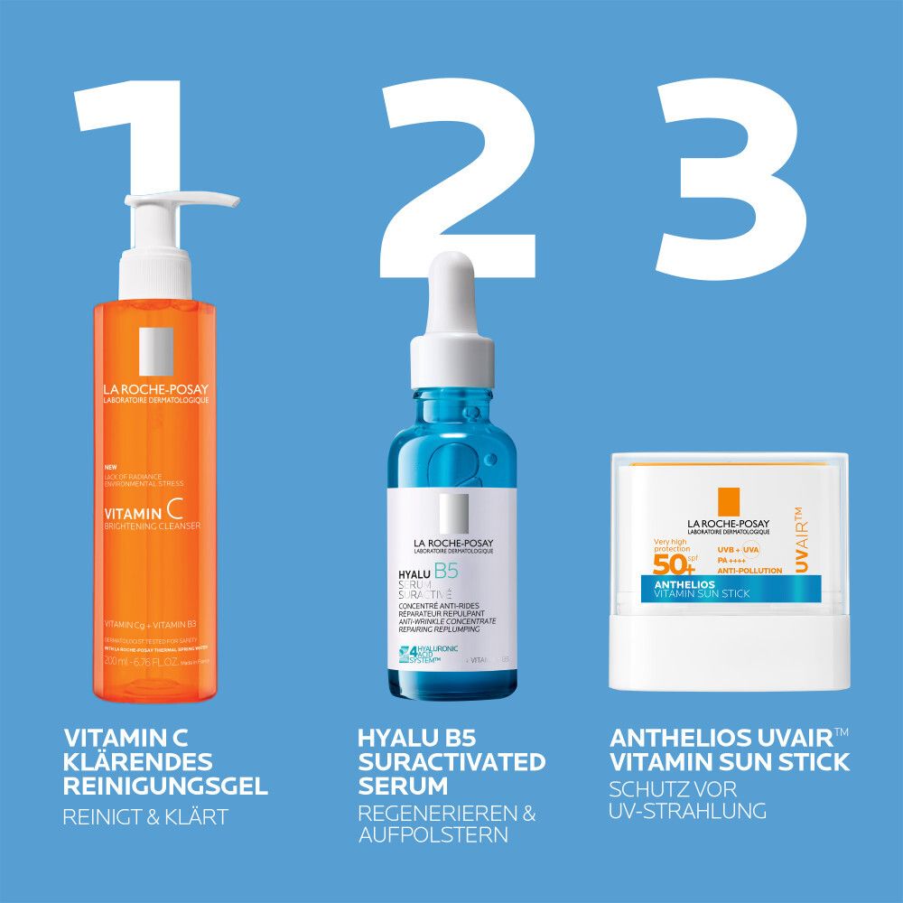 La Roche Posay Anthelios UV Air Stick LSF 50+ im Set mit Vitamin C Reiniger und Hyalu B5 Serum.