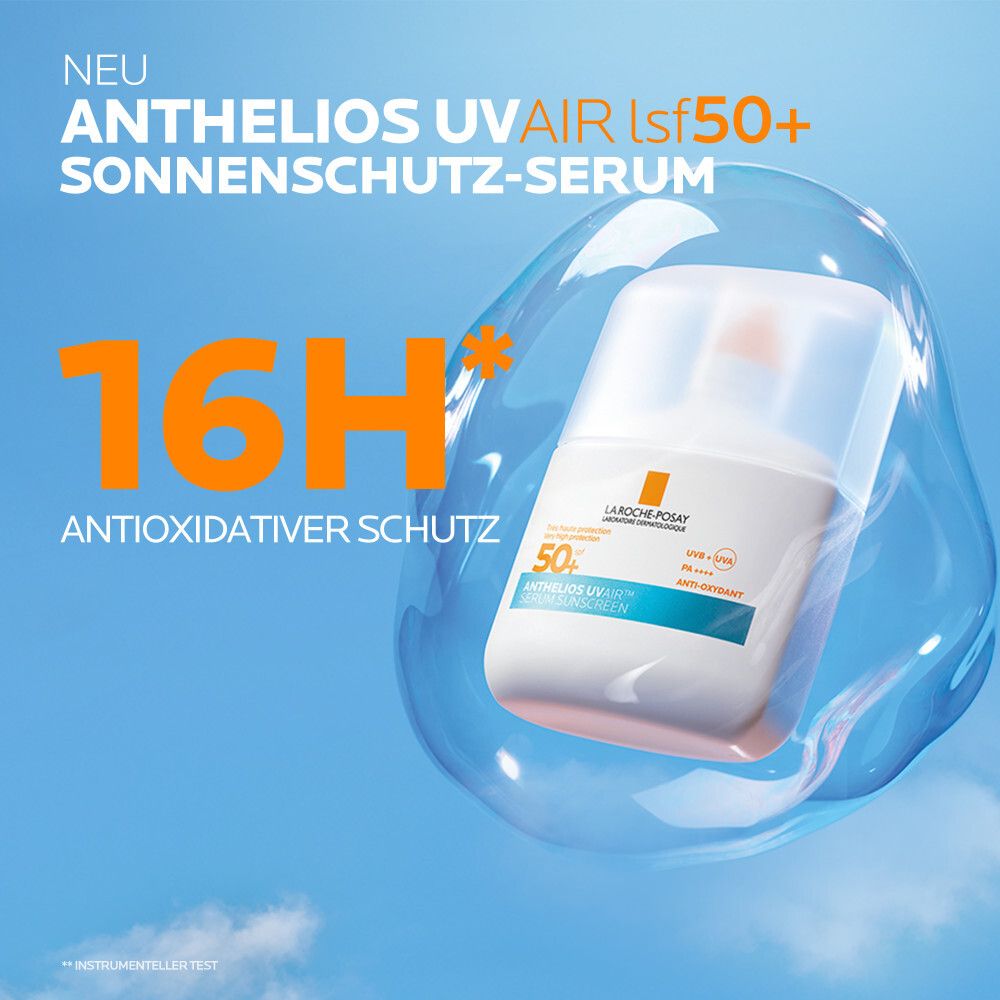 La Roche Posay Anthelios UV Air Serum LSF 50+ in Blase. 16h antioxidativer Schutz.