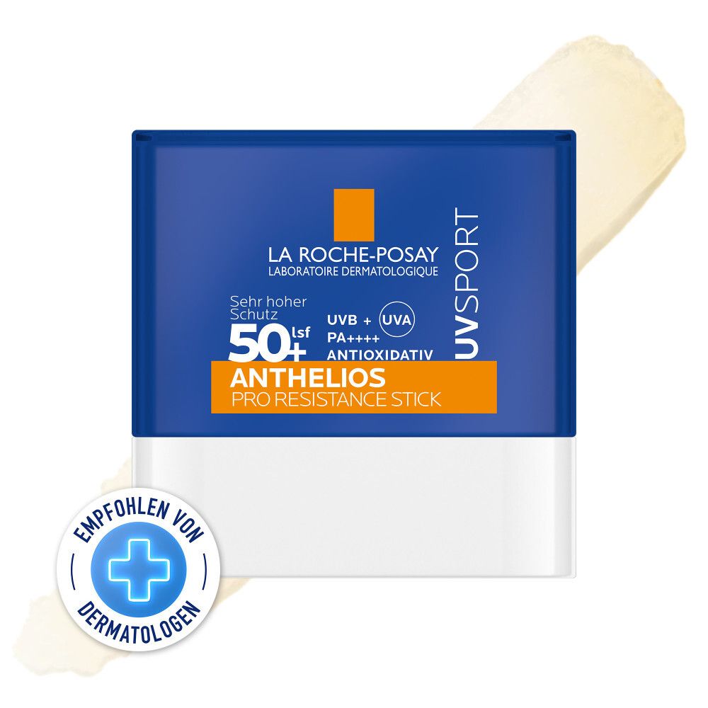 Blauer und weißer Sonnenschutzstift. Text: La Roche-Posay, ANTHELIOS UVSPORT, LSF 50+, PRO RESISTANCE STICK. Empfohlen von Dermatologen.