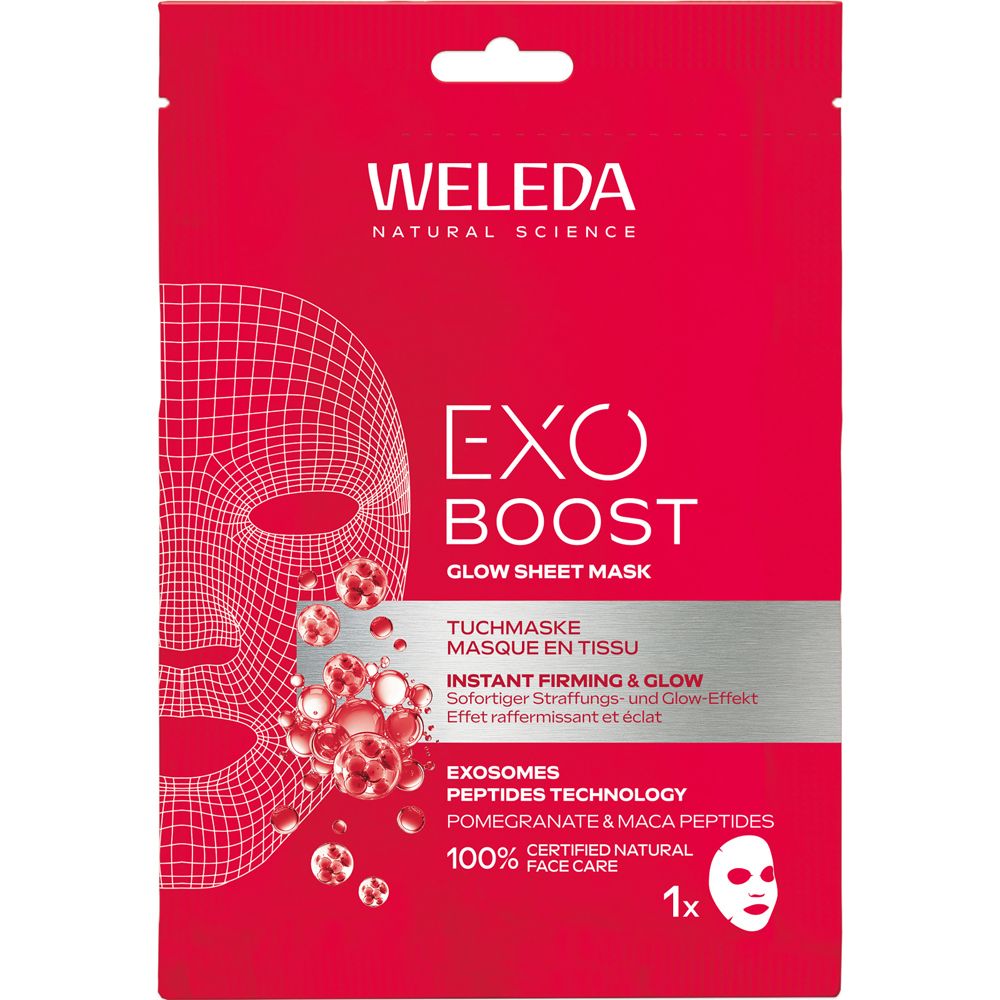 Weleda Exo Boost Glow Masque en tissu : Emballage rouge avec illustration de masque facial et nom du produit.