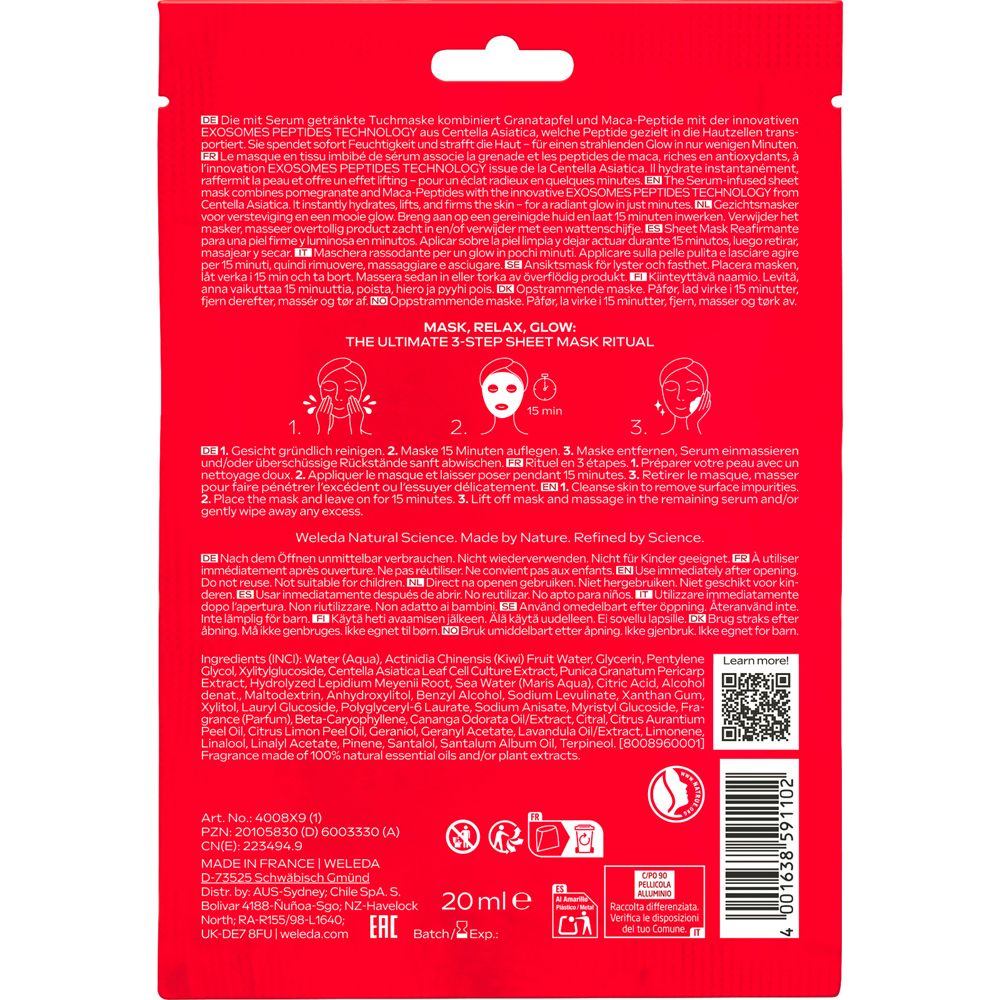 Arrière de l'emballage du masque en tissu Weleda Exo Boost Glow avec instructions d'utilisation et ingrédients.