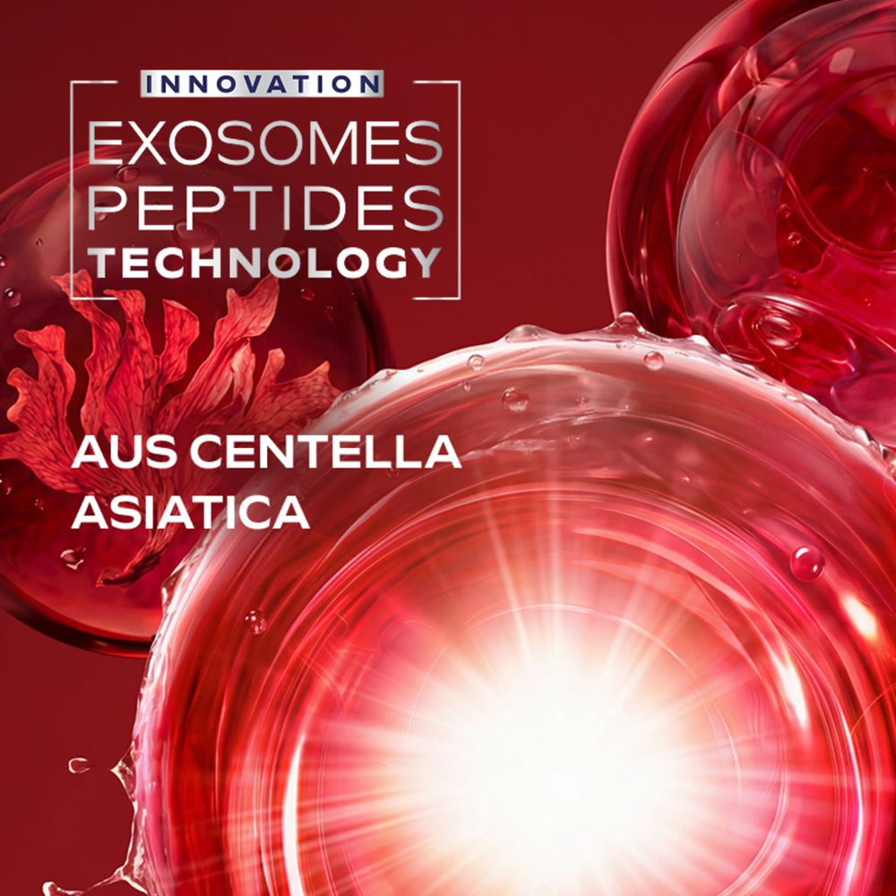 Représentation abstraite d'exosomes et de peptides avec Centella Asiatica, soulignant la technologie du masque Weleda.