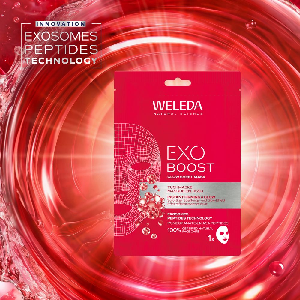 Weleda Exo Boost Glow Masque en tissu : Emballage rouge avec illustration de masque facial et nom du produit.
