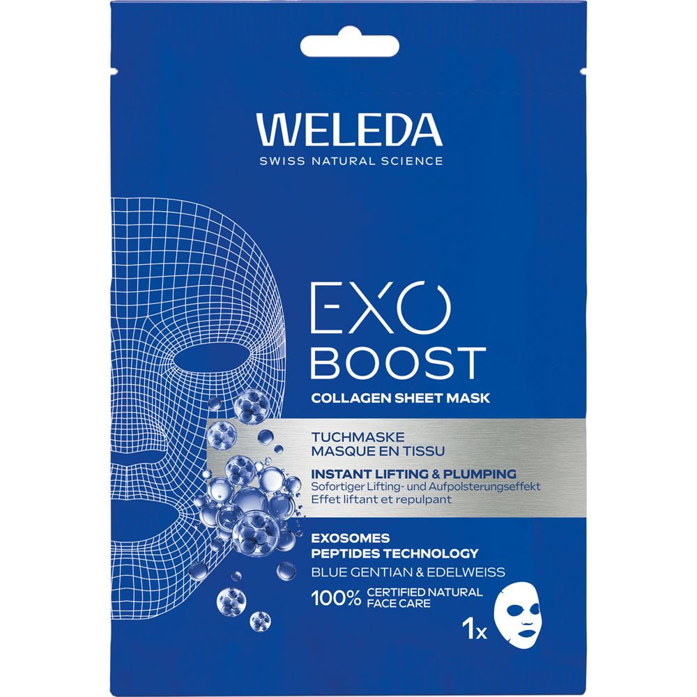 Emballage bleu avec nom et logo du produit. Contient un masque facial. Texte: Exo Boost, Collagen Sheet Mask.