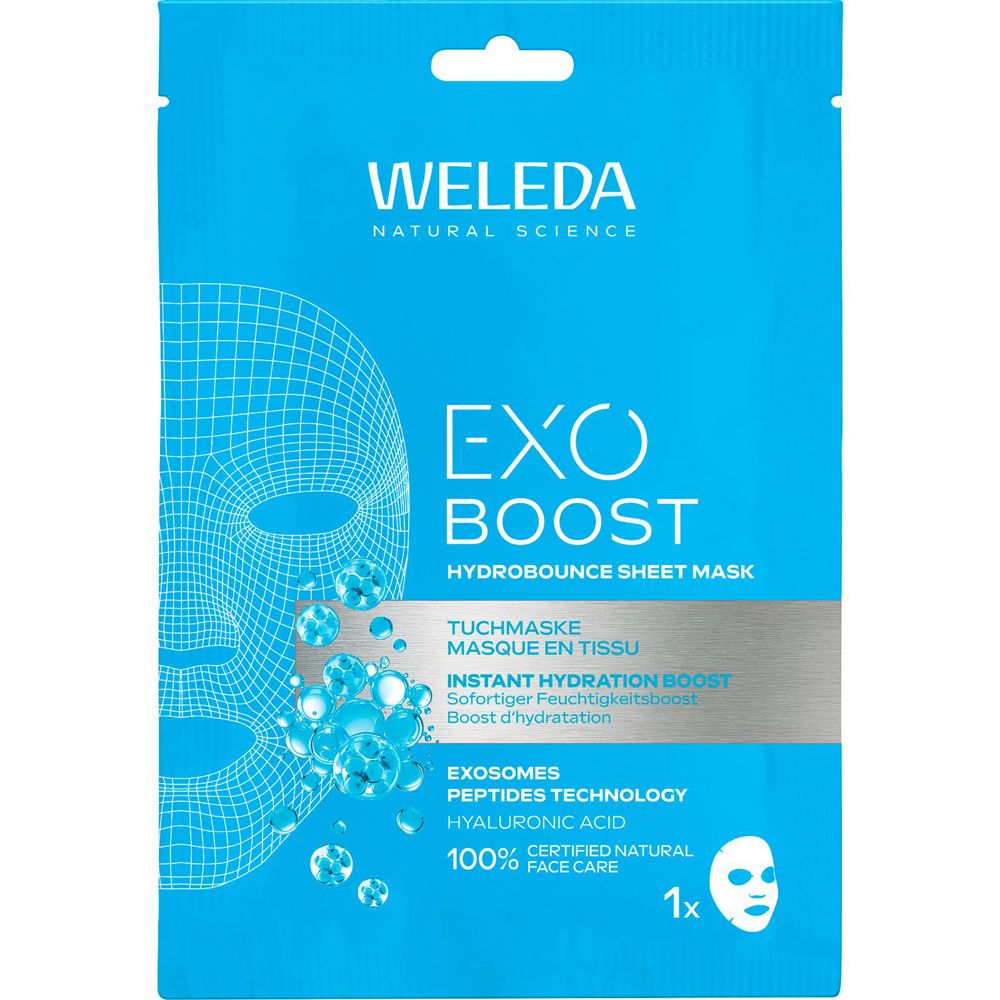 Emballage bleu clair avec nom et logo du produit. Contient un masque facial. Texte: EXO BOOST, HYDROBOUNCE SHEET MASK, 100% CERTIFIED NATURAL FACE CARE.