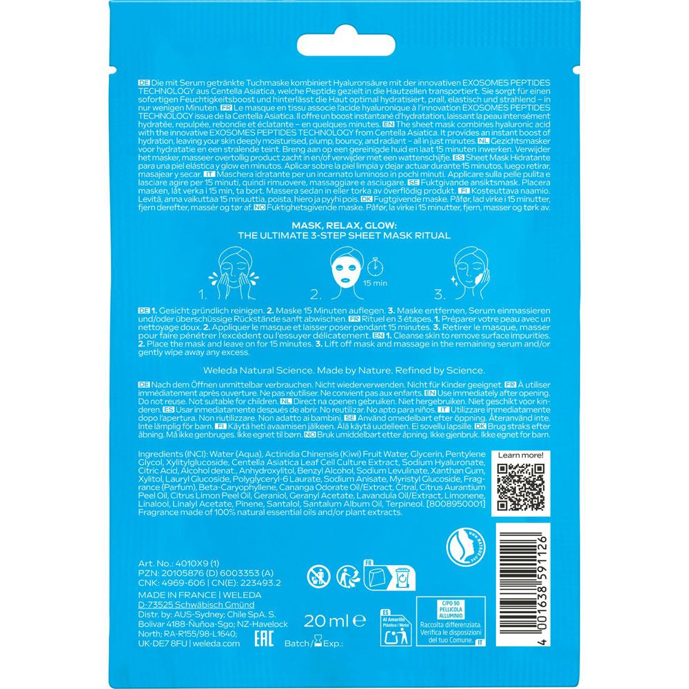 Dos de l'emballage avec texte et illustrations. Contient des instructions et des ingrédients. Volume: 20ml. Marque: Weleda. Code QR et certifications.