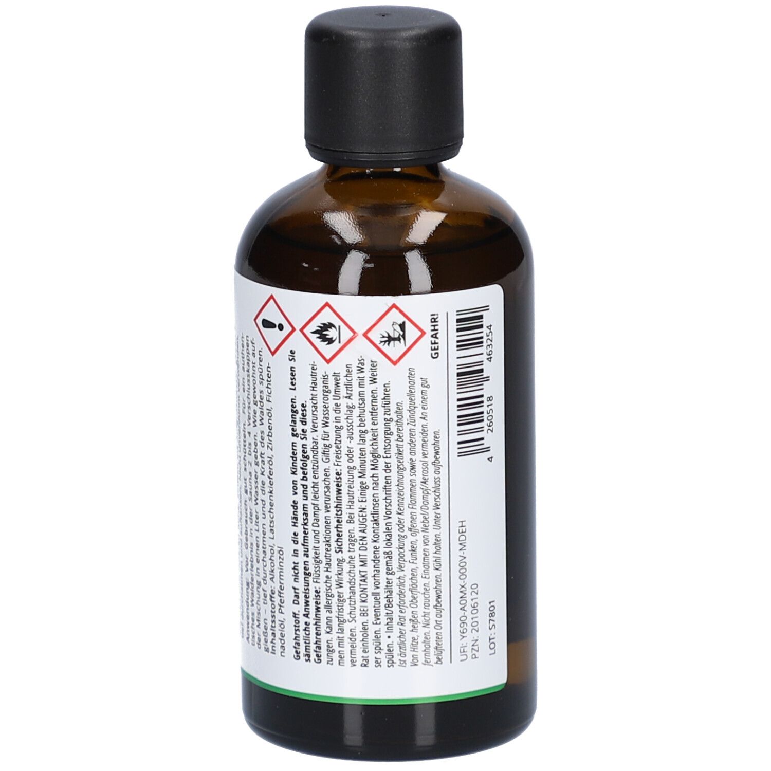 Braune Glasflasche mit schwarzem Deckel. Rückseite mit Etikett und Warnhinweisen. Gefahrensymbole.