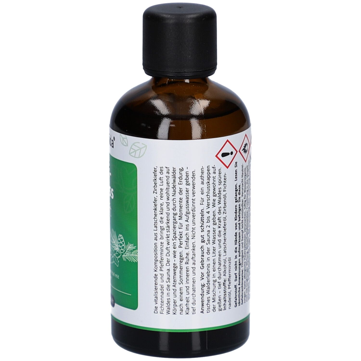 Braune Glasflasche mit schwarzem Deckel. Etikett mit Text und Warnhinweisen. Gefahrensymbole.