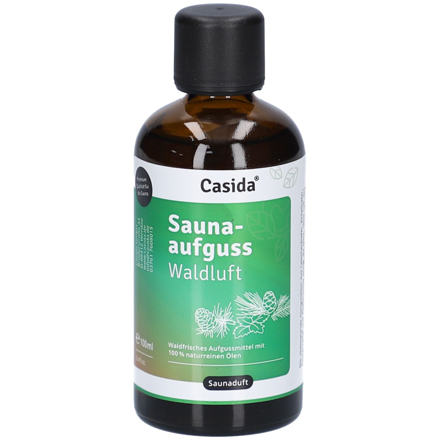 Braune Glasflasche mit schwarzem Deckel. Etikett mit grünem Feld und Schriftzug: Saunaaufguss Waldluft. Marke: Casida.
