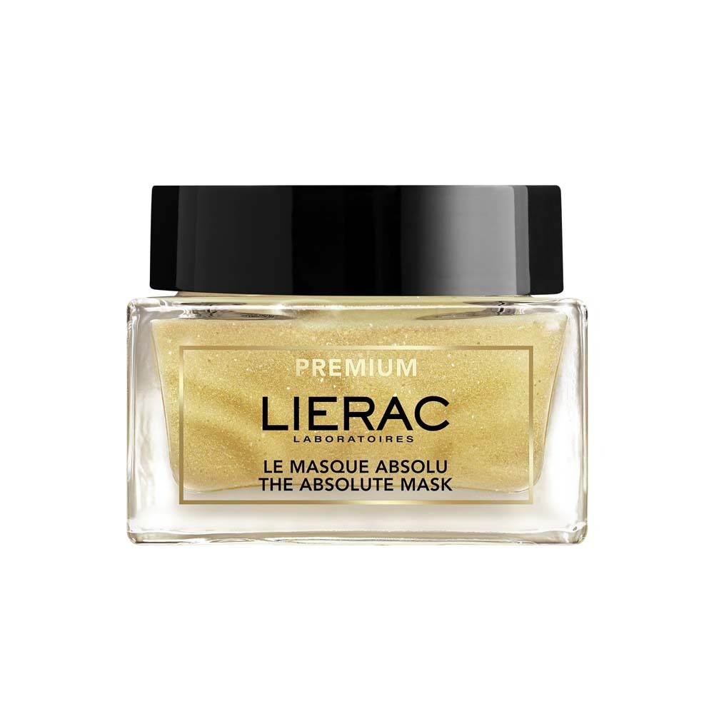 Pot en verre avec masque doré. Couvercle noir. Inscription : LIERAC, PREMIUM, LE MASQUE ABSOLU, THE ABSOLUTE MASK.