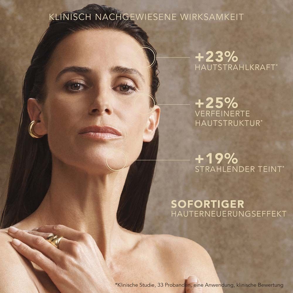 Femme avec diagramme d'analyse de la peau. Texte : +23% éclat de la peau, +25% texture de peau affinée, +19% teint éclatant.