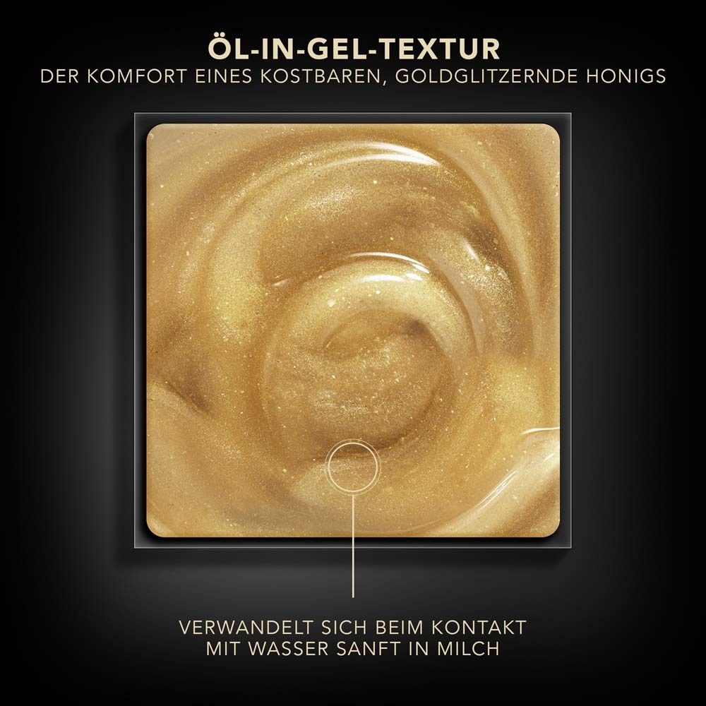 Gros plan sur la texture huile-en-gel. Texture de miel doré. Texte : Se transforme en lait au contact de l'eau.
