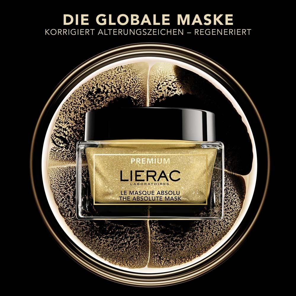 Pot en verre avec masque doré. Couvercle noir. Texte : LIERAC, PREMIUM, LE MASQUE ABSOLU, THE ABSOLUTE MASK.
