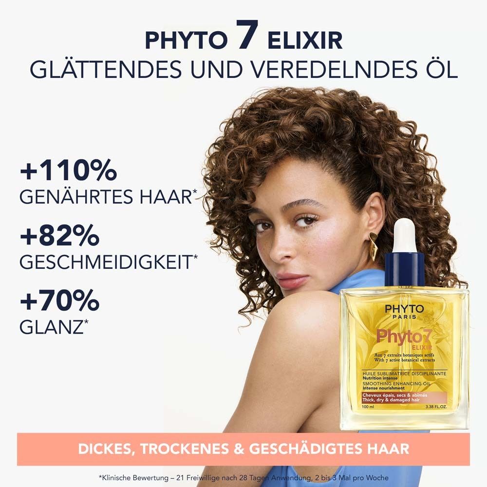 Femme aux cheveux bouclés et flacon d'huile. Texte: +110% cheveux nourris, +82% souplesse, +70% brillance. Pour cheveux épais, secs et abîmés.