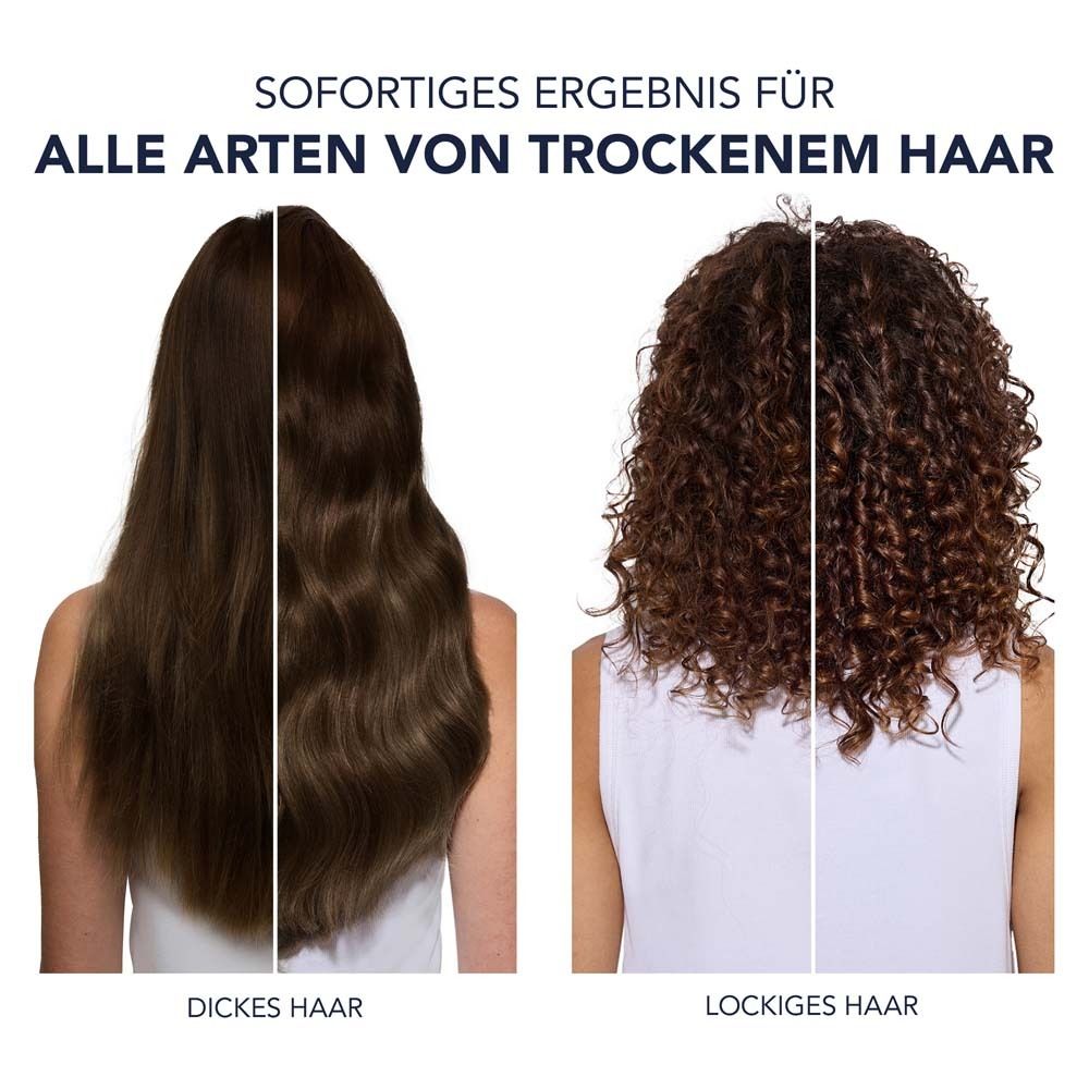 Deux coiffures: cheveux épais et cheveux bouclés. Texte: Résultat immédiat pour tous types de cheveux secs.