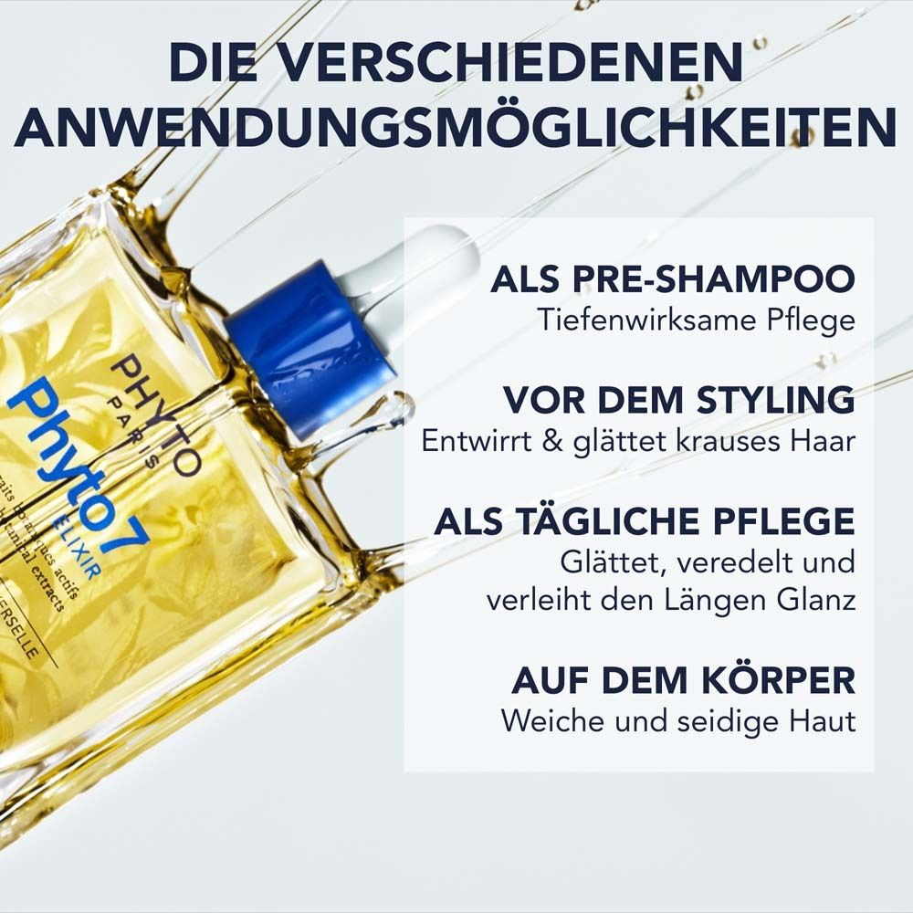 Flacon d'huile avec pipette. Texte: Modes d'emploi: Pré-shampooing, Avant le coiffage, Soin quotidien, Sur le corps.