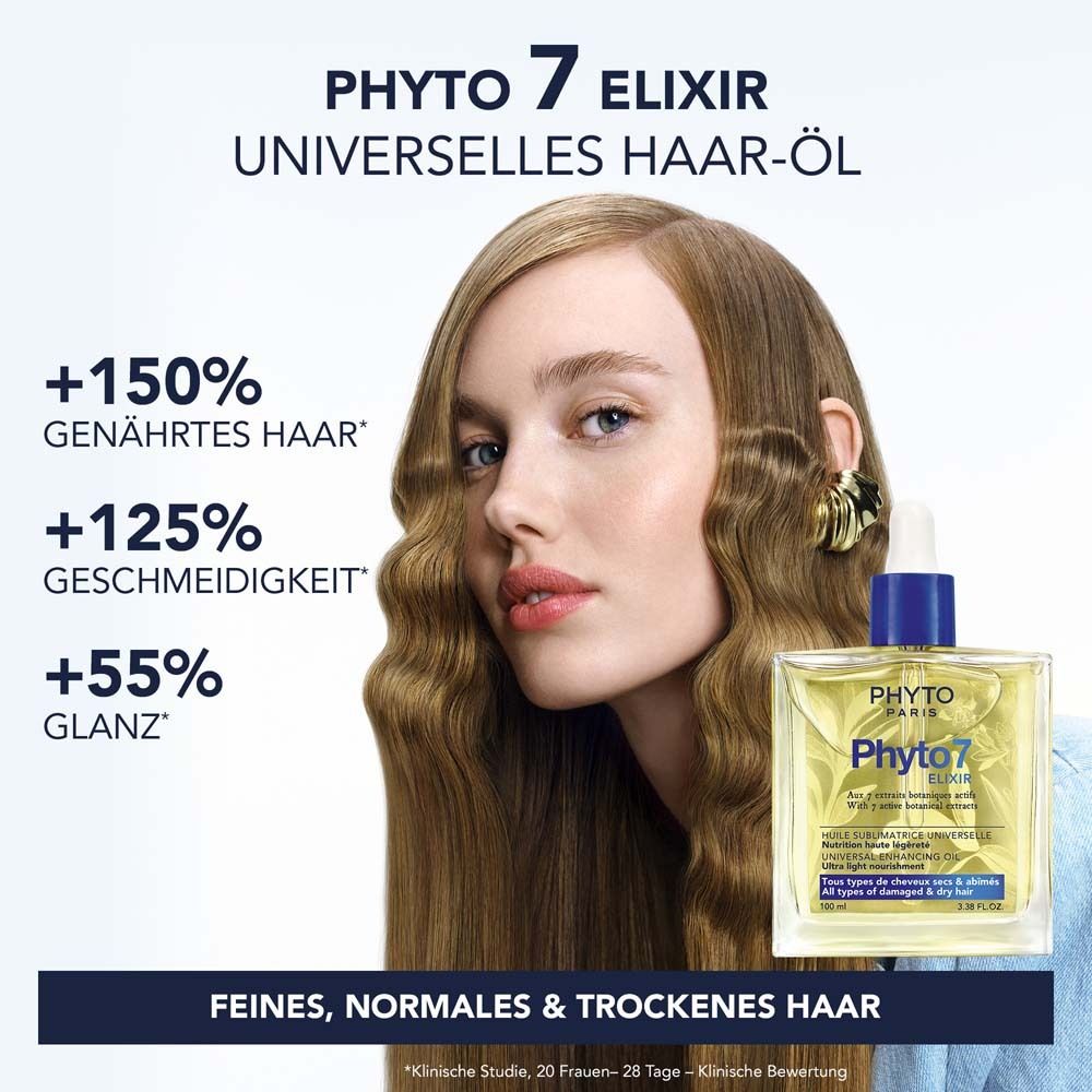 Femme aux cheveux ondulés. Image du produit: Phyto 7 Elixir. Texte: +150% cheveux nourris, +125% souplesse, +55% brillance. Pour cheveux fins, normaux et secs.