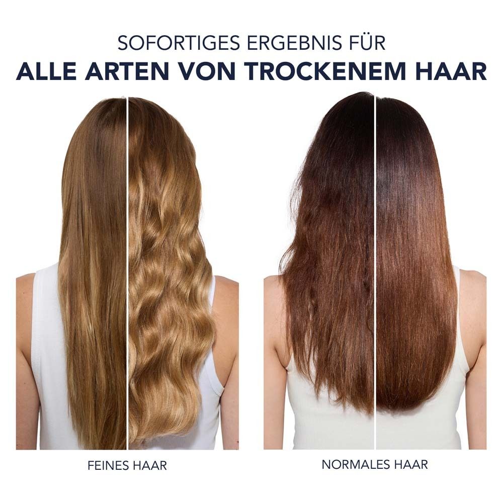 Deux types de cheveux côte à côte. Gauche: cheveux fins. Droite: cheveux normaux. Texte: Résultat immédiat pour tous types de cheveux secs.