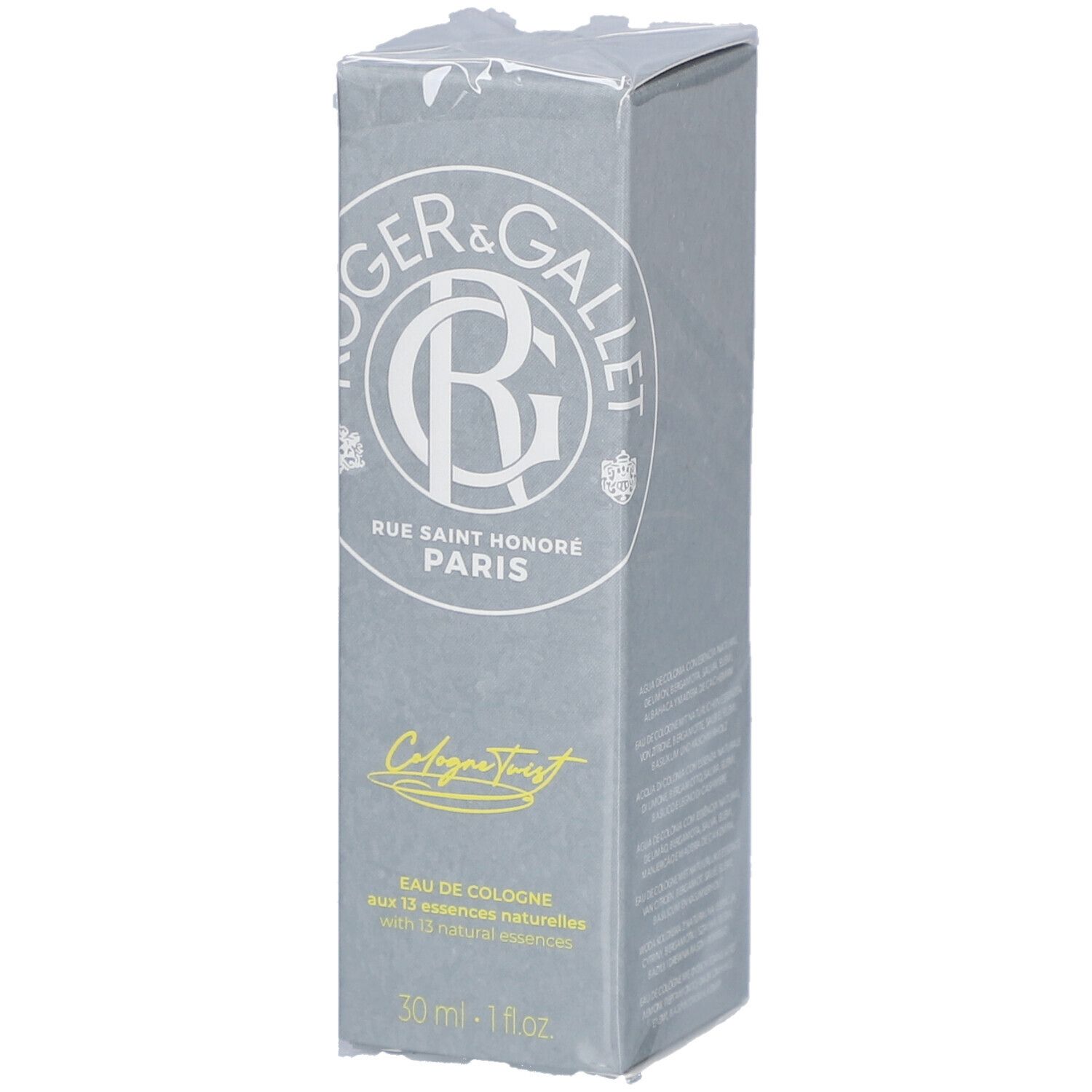 Graue Verpackung von R&G Cologne Twist Eau de Cologne Spray. Logo und Schriftzug in Weiß und Gelb. 30 ml.