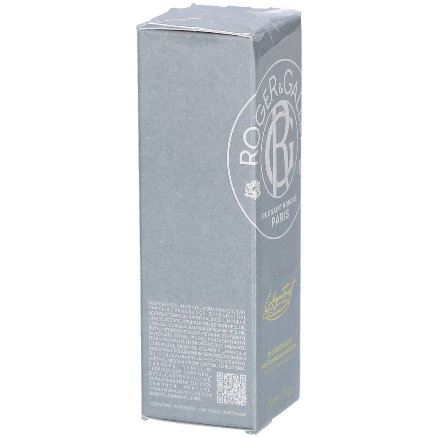 Graue Verpackung von R&G Cologne Twist Eau de Cologne Spray. Inhaltsstoffe und QR-Code auf der Seite.