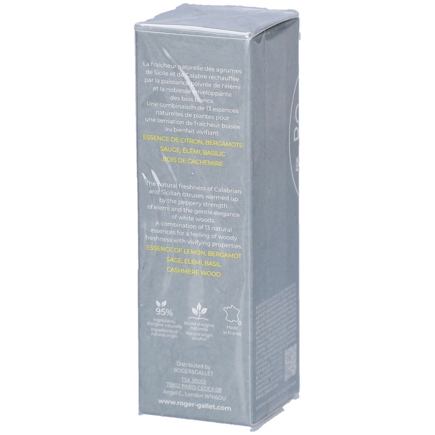 Graue Verpackung von R&G Cologne Twist Eau de Cologne Spray. Text über Inhaltsstoffe und Zertifizierungen.