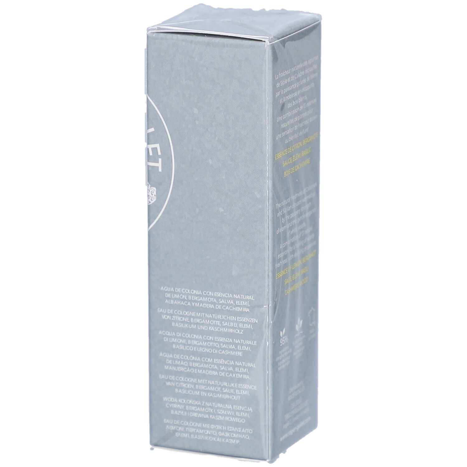 Graue Verpackung von R&G Cologne Twist Eau de Cologne Spray. Text auf Italienisch über das Produkt.