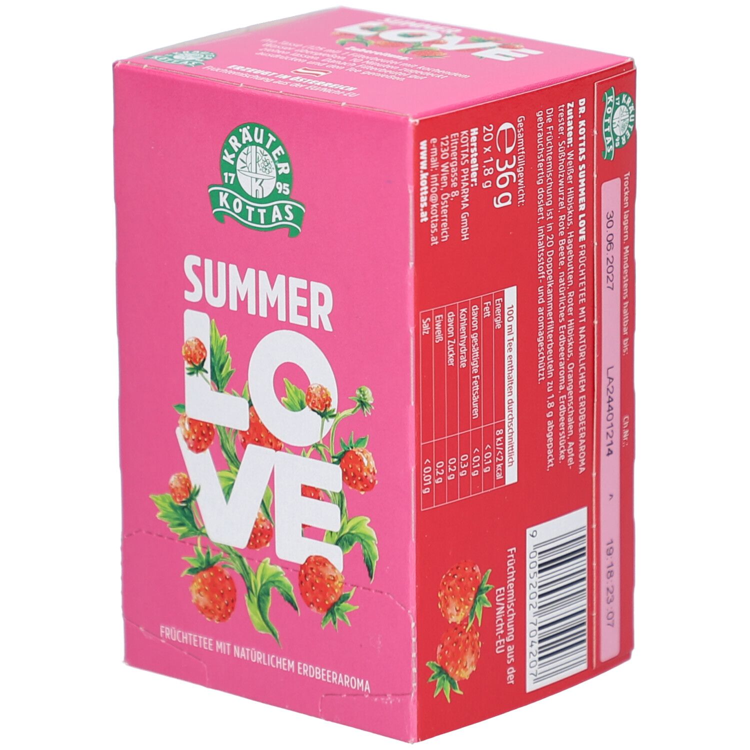 Schrägansicht der DR. KOTTAS Summer Love Früchtetee-Verpackung mit Erdbeerdesign und Markenschriftzug.