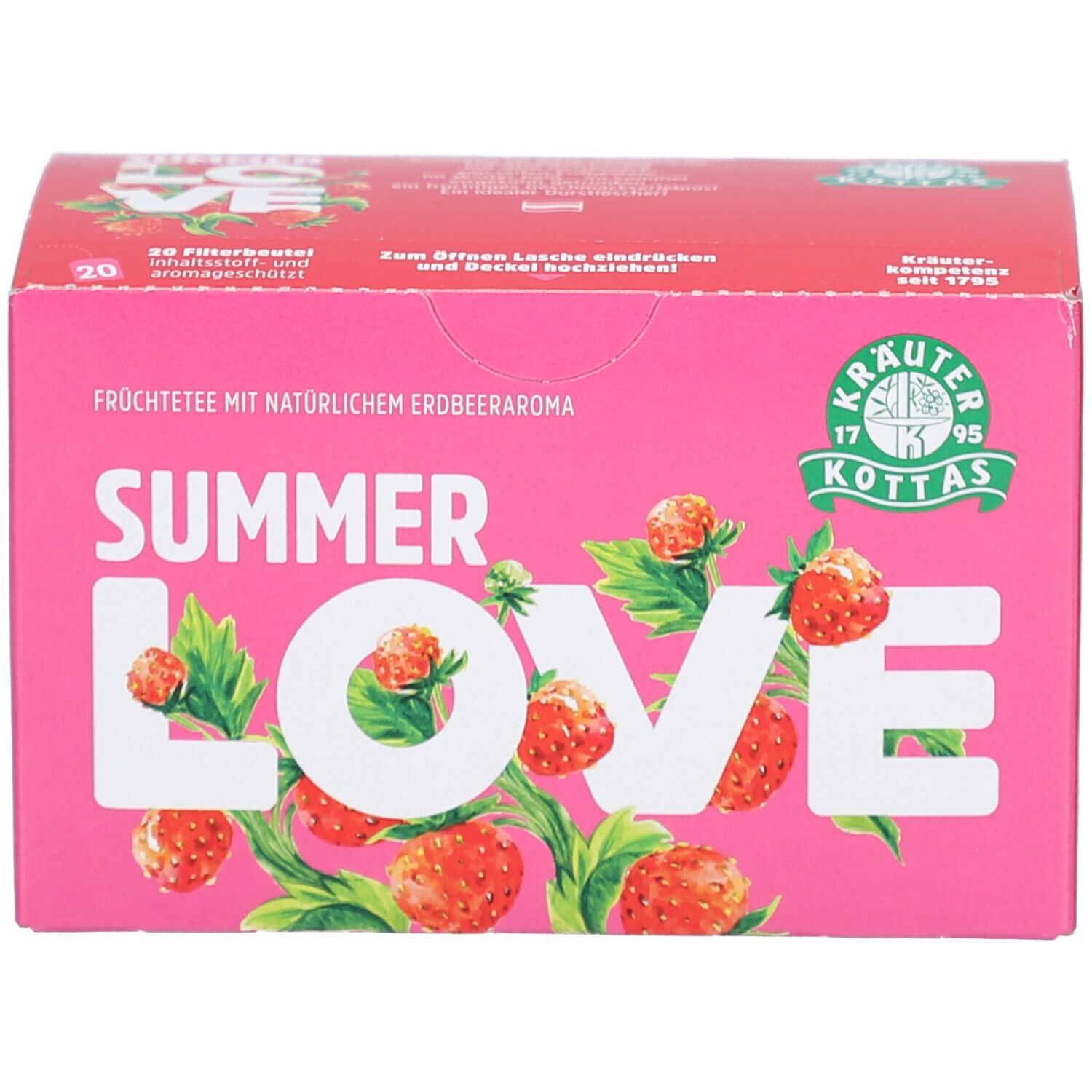 Detailansicht der DR. KOTTAS Summer Love Früchtetee-Verpackung mit Nährwertangaben und Barcode.