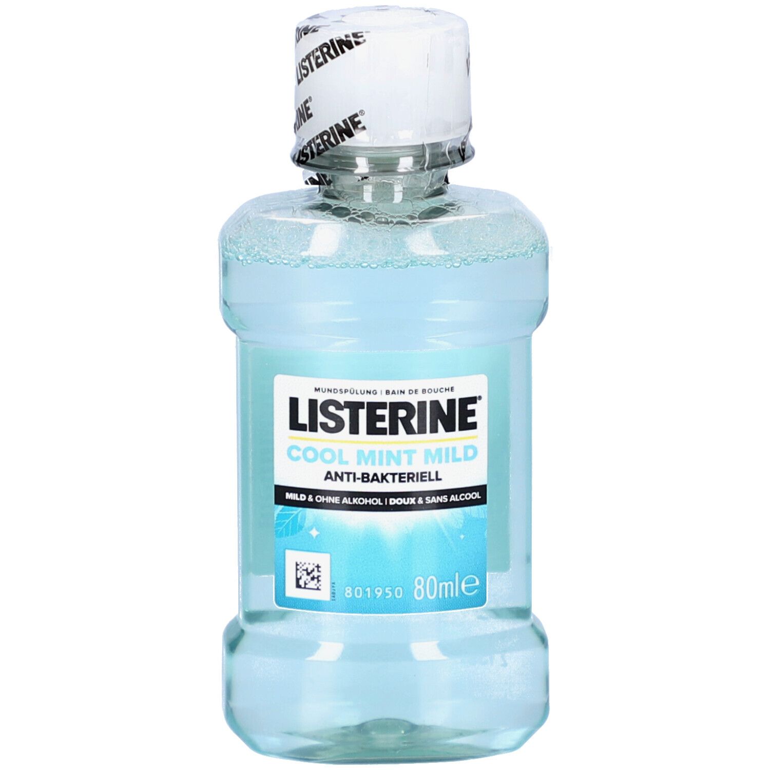 Flacon transparent contenant un liquide bleu. Inscription: LISTERINE Cool Mint Mild. Bouchon blanc. 80ml.