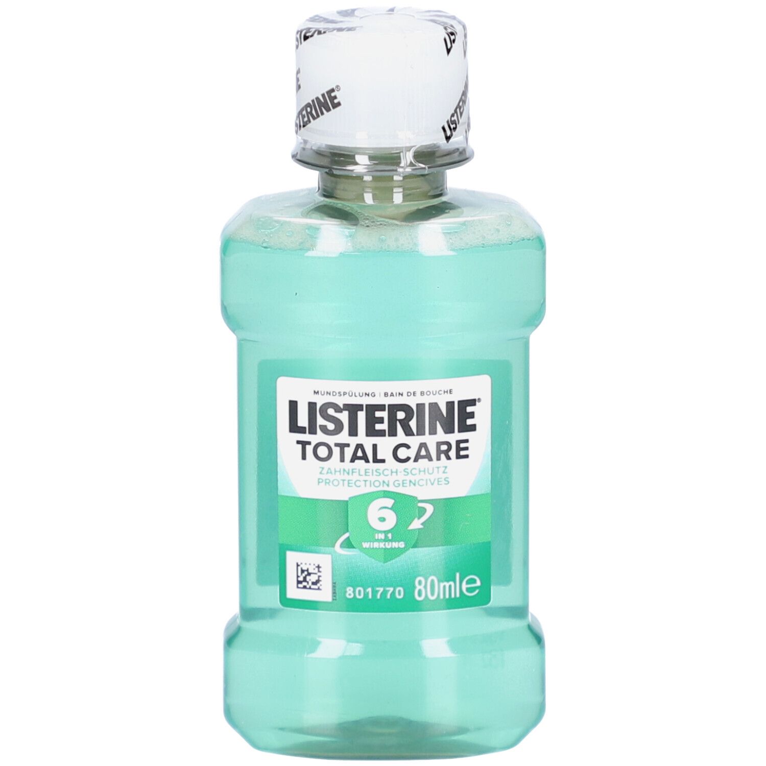 Bouteille verte LISTERINE Total Care. Inscription: Protection des gencives, 6 en 1. 80ml. Bouchon blanc.