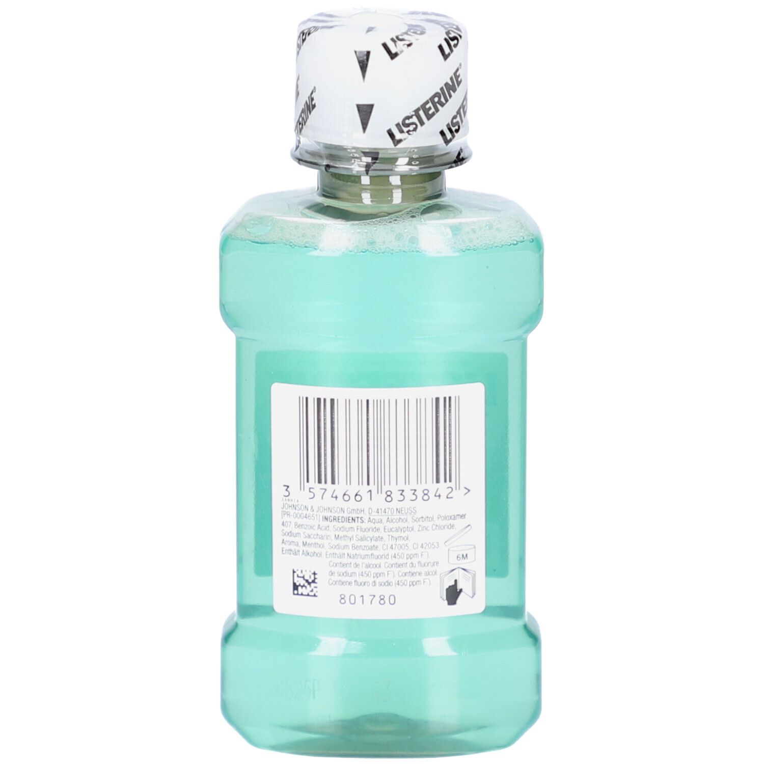 Dos de la bouteille verte LISTERINE Total Care. Code-barres et ingrédients. 801780.