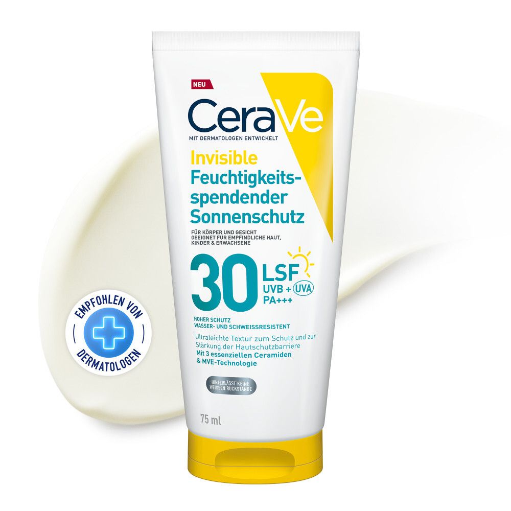 Weiße Tube CeraVe Sonnenschutz LSF30. Gelber Deckel. Text: Invisible Feuchtigkeitspendender Sonnenschutz. Empfohlen von Dermatologen.