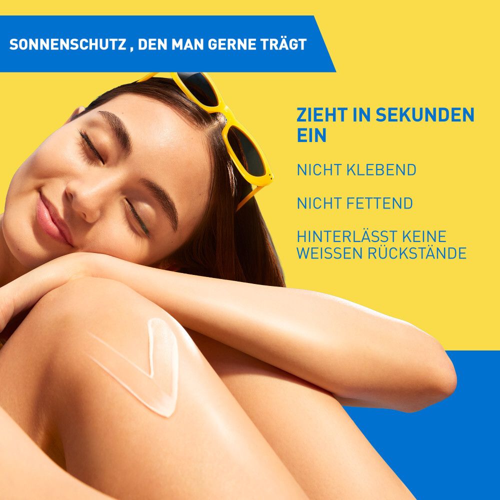 Frau sitzt, trägt Sonnenbrille. Text: Zieht in Sekunden ein, nicht klebend, nicht fettend, keine weißen Rückstände.