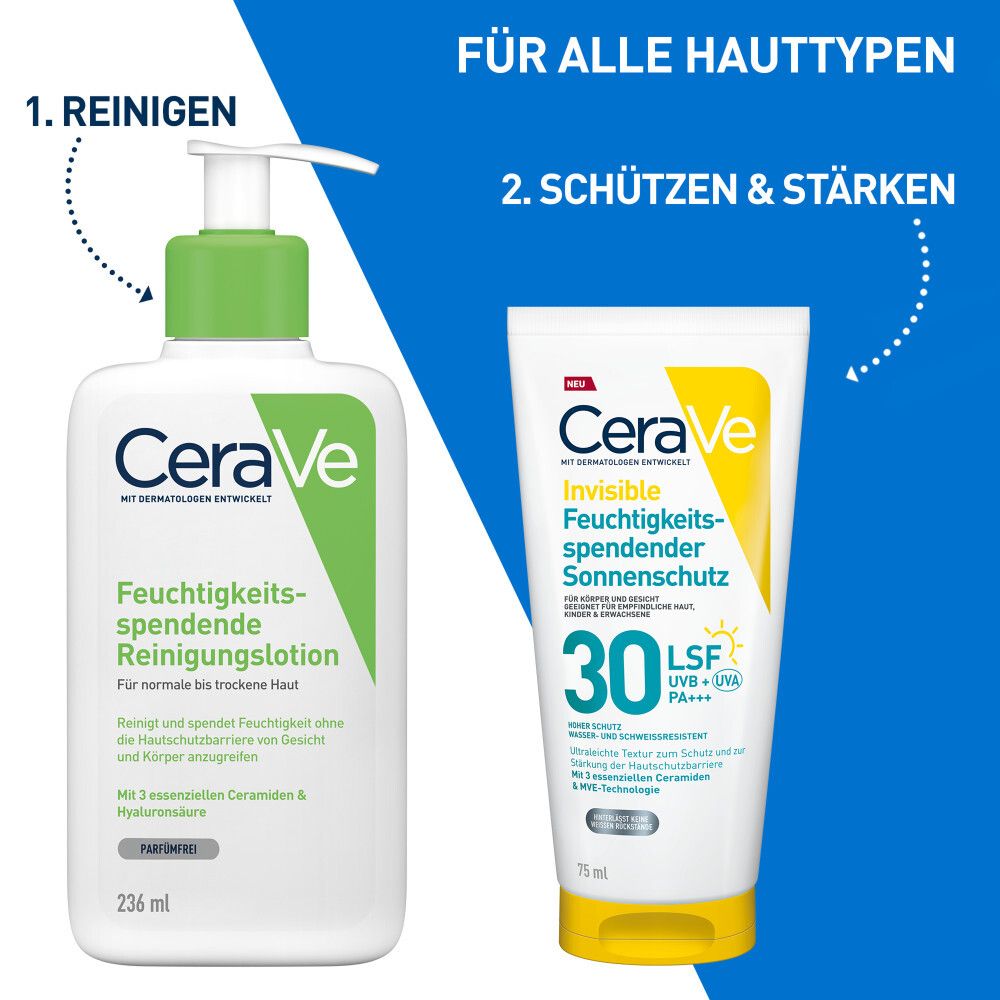 CeraVe Reinigungs- und Sonnenschutzprodukte. Text: Reinigen, schützen & stärken. Flasche und Tube.