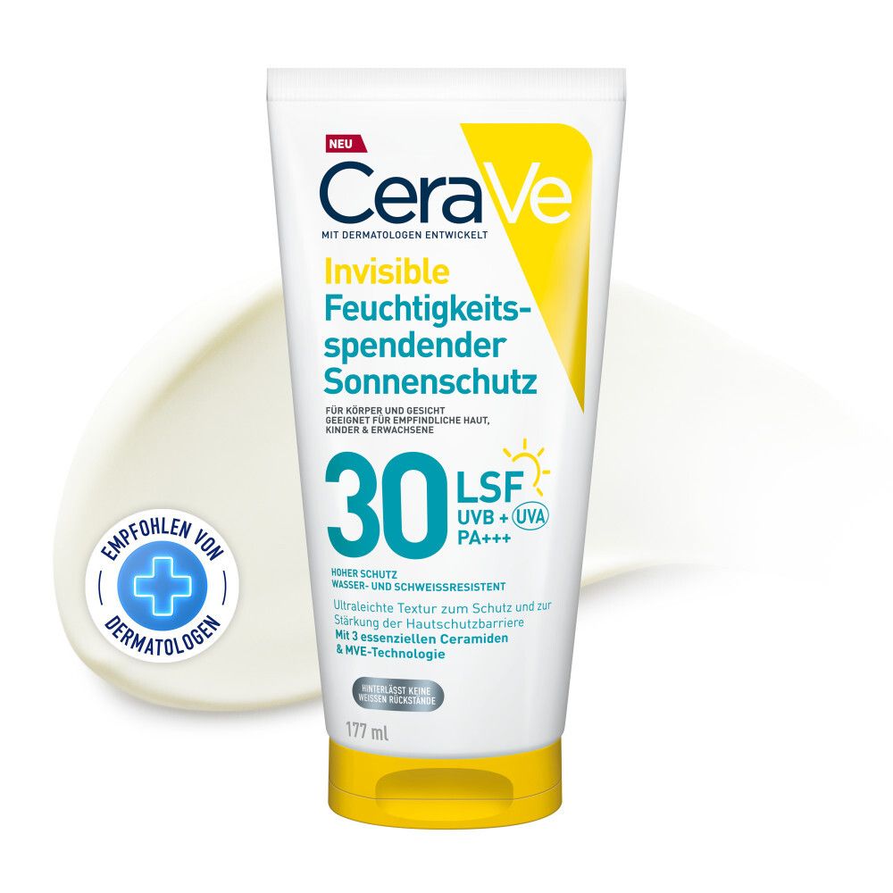 CeraVe Invisible Feuchtigkeitsp. Sonnenschutz LSF 30-Tube. Weiß-gelbe Tube mit blauer Schrift. Enthält LSF 30, UVB+UVA. Empfohlen von Dermatologen.