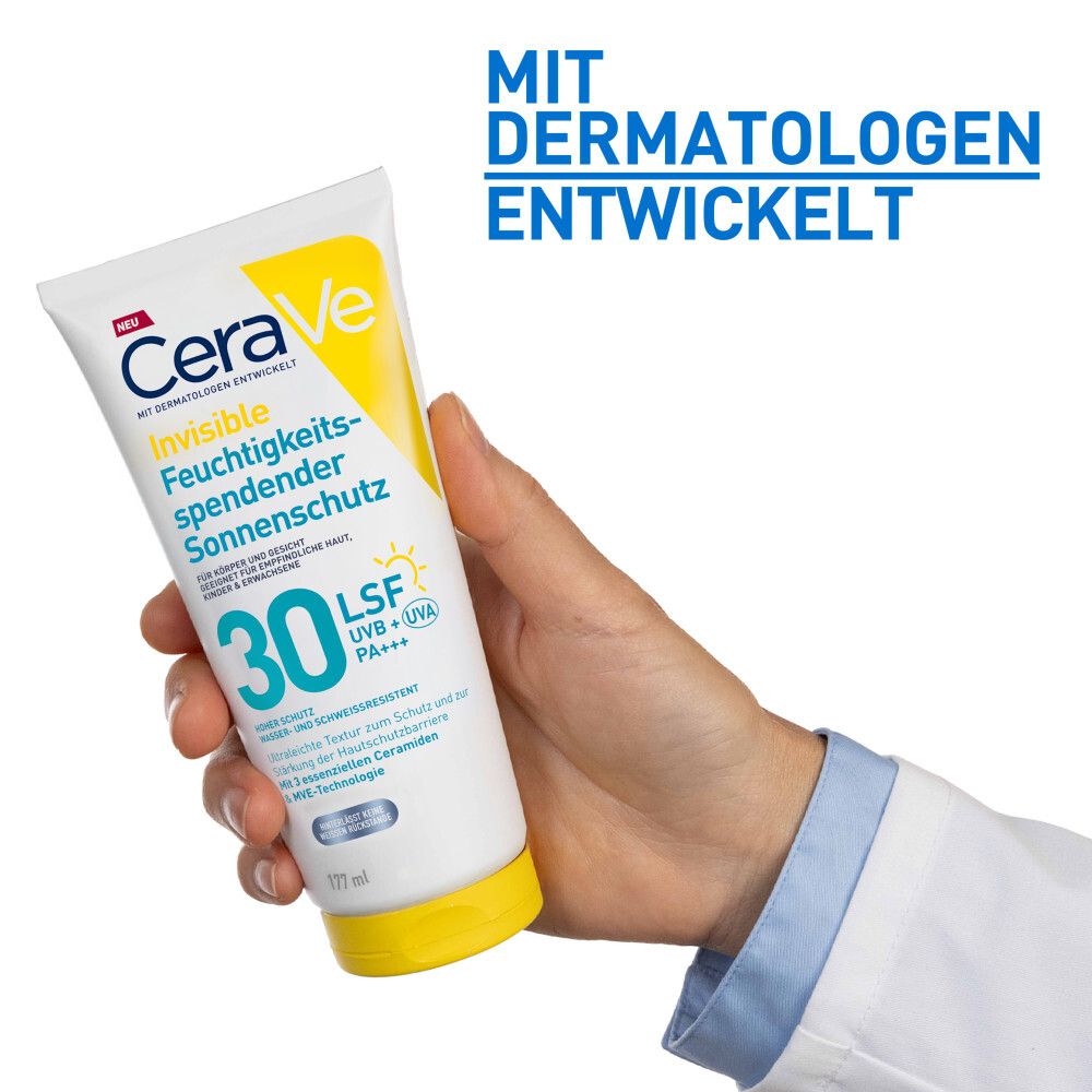 CeraVe Invisible Feuchtigkeitsp. Sonnenschutz LSF 30-Tube in Hand. Mit Dermatologen entwickelt. Enthält LSF 30, UVB+UVA. Gelb-weiße Tube.