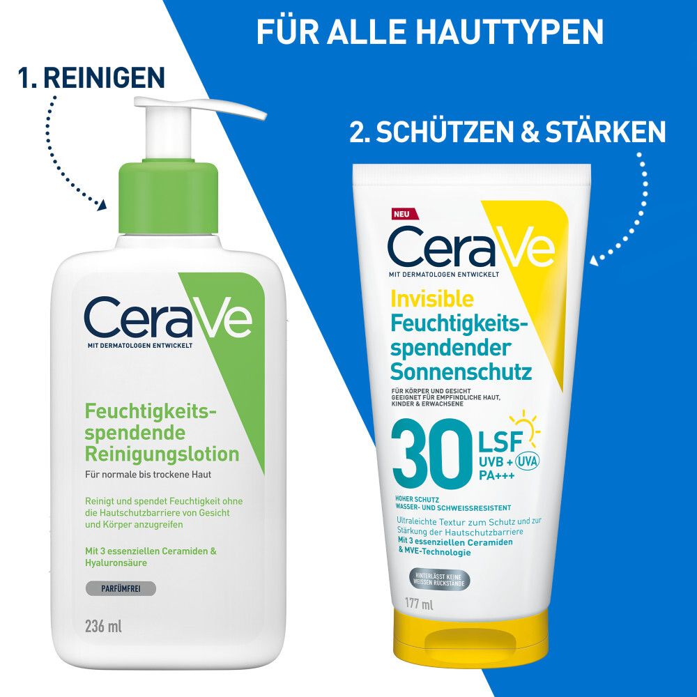 CeraVe Feuchtigkeitsp. Reinigungs-Lotion und CeraVe Invisible Feuchtigkeitsp. Sonnenschutz LSF 30. Für normale bis trockene Haut. 2 Produkte.